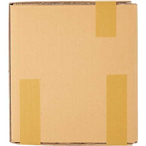 Vue de dessus d'une boîte en carton marron, scellée avec du ruban adhésif.