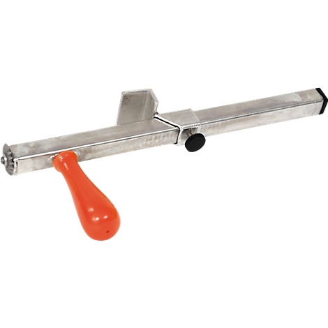 Metal tool with orange handle. A black rotary knob is on the right. Black plastic is attached at the end.
