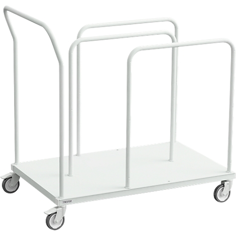 White transport cart with four wheels and a handle.