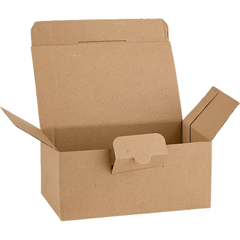 Boîte en carton marron ouverte avec couvercle partiellement ouvert. Vue intérieure avec languette de fermeture.