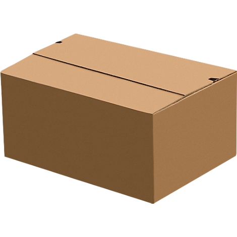 Boîte en carton marron fermée, présentée en perspective.