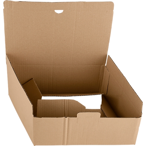 Emballage en carton brun ouvert avec trou de poignée.