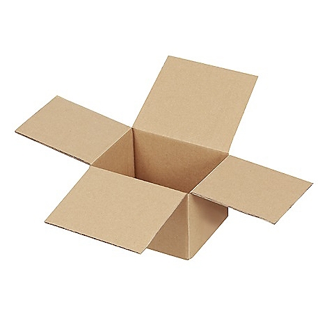 Boîte en carton marron ouverte avec rabats relevés sur fond blanc.