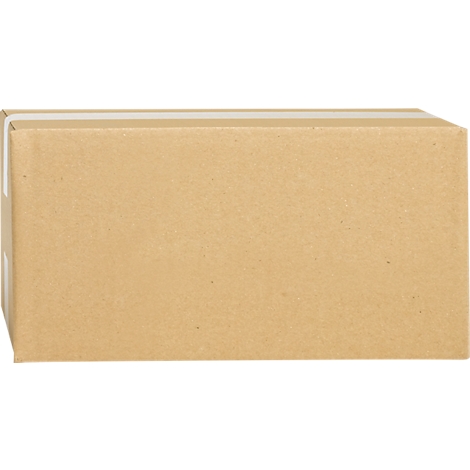 Une boîte en carton marron rectangulaire. La boîte a du ruban adhésif blanc et est placée sur une surface claire.