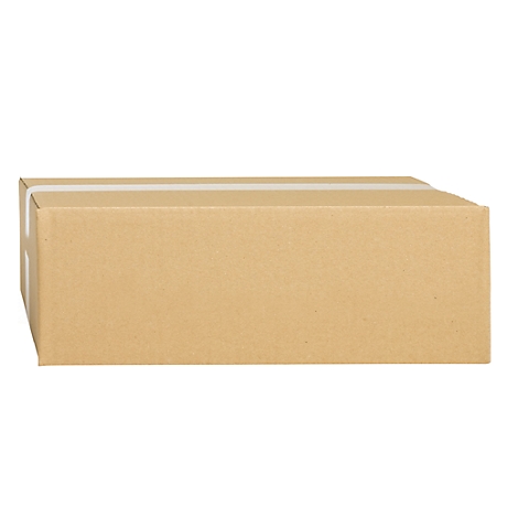 Une boîte en carton marron rectangulaire avec du ruban adhésif blanc.
