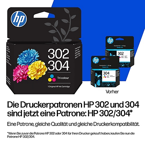 Publicité pour les cartouches d'encre HP 302/304 montrant le nouvel emballage combiné et les anciens modèles.