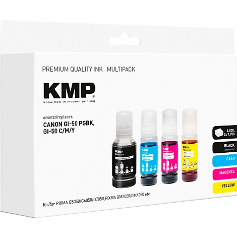 Multipack d'encre KMP avec quatre flacons (noir, cyan, magenta, jaune) pour imprimantes Canon PIXMA.