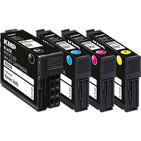 Quatre cartouches d'encre KMP en noir, cyan, magenta et jaune sur fond blanc.