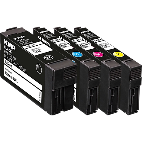 Quatre cartouches d'encre KMP en noir, cyan, magenta et jaune pour Epson 35XL sur fond blanc.
