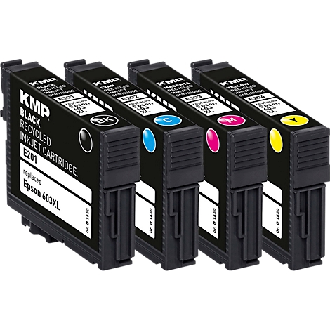 Quatre cartouches d'encre KMP noires en noir, cyan, magenta et jaune pour Epson 603XL.