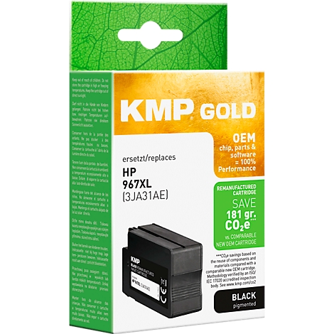 Cartouche d'encre KMP Gold, remplace HP 967XL, noir, emballage vert et blanc.
