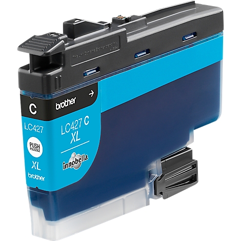 Une cartouche d'encre cyan Brother, avec des inscriptions telles que LC427 C XL, Push et brother.