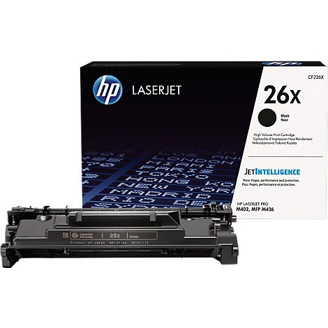 Cartouche de toner HP 26X Laserjet noire et emballage avec graphique de ville en arrière-plan. Étiquette : JETINTELLIGENCE.