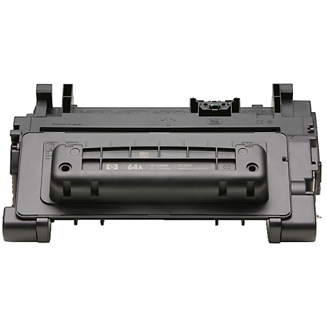 Cartouche de toner noire avec des pièces en plastique noir, lettrage HP 64A. Plan détaillé.
