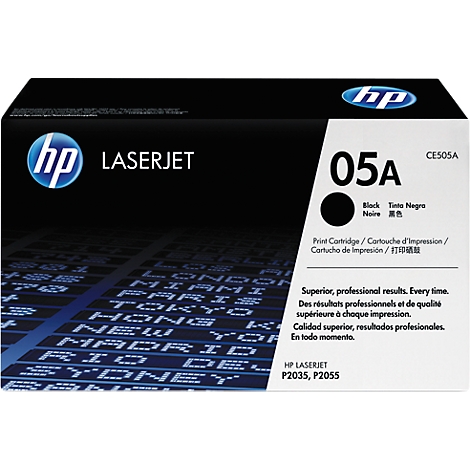 Cartouche de toner HP LaserJet noir avec marquage 05A et le logo HP.