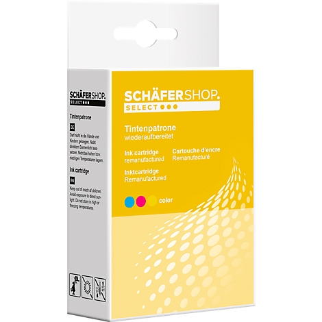 Cartouche d'encre jaune et blanche avec textes et points de couleur, impression : Schafershop.