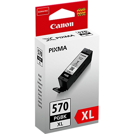 Cartouche d'encre Canon Pixma 570 PGBK XL. Encre noire dans une boîte blanche avec couvercle rouge. Imprimé : "Genuine".
