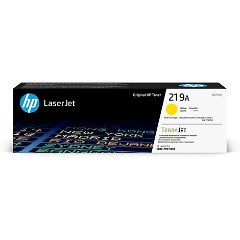Cartouche de toner HP LaserJet 219A, jaune, sur fond blanc. Boîte noire avec lettrage bleu et jaune.