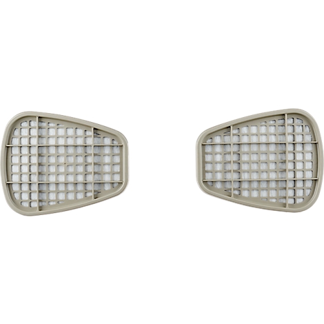 Deux éléments filtrants gris pour un respirateur, structurés en carré.