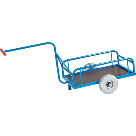 Blue transport cart with red handle and gray wheels.