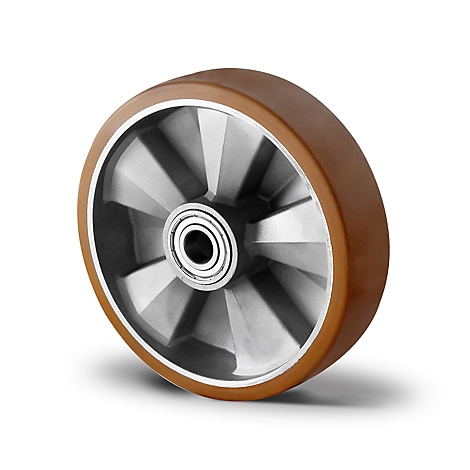 A wheel with a brown rubber tire and a silver inner wheel, on a white background.