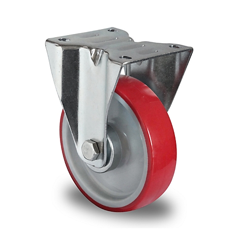 Close-up of a single red industrial wheel with a silver frame against a white background.