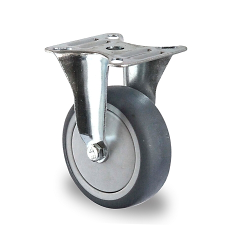 Steel swivel caster with black wheel and silver holder, isolated on a white background.