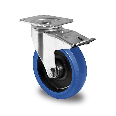 A single swivel caster wheel on a white background. The wheel has a blue tire and a silver housing.