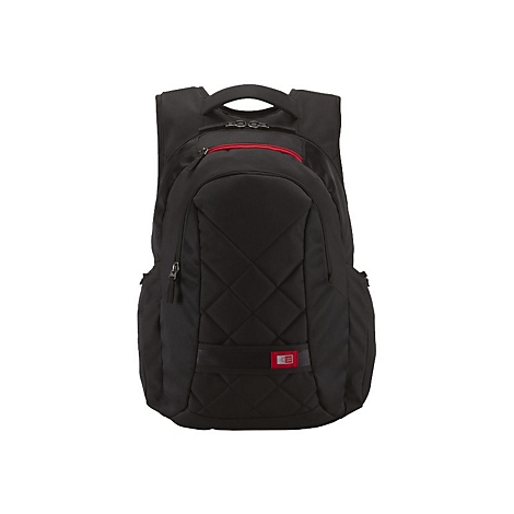 Schwarzer Rucksack mit rotem ReiÃŸverschluss und roten Details.