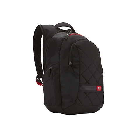 Schwarzer Rucksack mit rotem ReiÃŸverschluss und Logo. Gepolstertes Design und Case Logo.