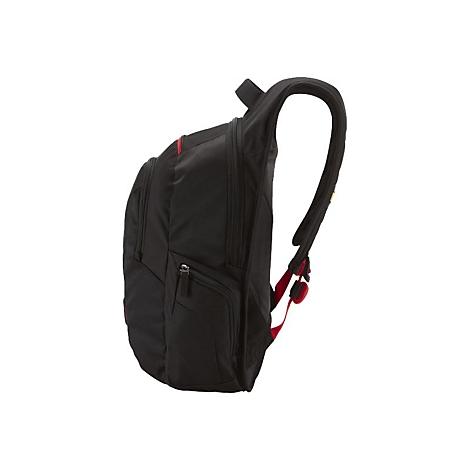 Schwarzer Rucksack mit rotem Innenfutter, seitliche Ansicht.