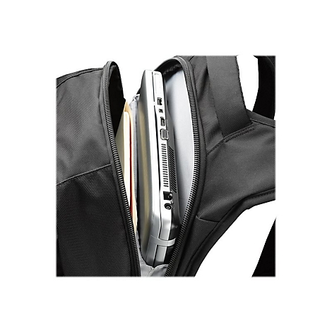 Schwarzer Rucksack mit ReiÃŸverschluss, in dem ein Laptop und Dokumente verstaut sind.