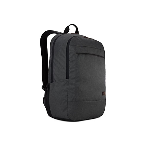 Dunkelgrauer Rucksack mit schwarzem Griff, Gurten und Reißverschlüssen, vor weißem Hintergrund.