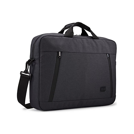 Dunkelgraue Laptoptasche mit Griff, Schultergurt und Reißverschlusstaschen. Logo rechts unten.