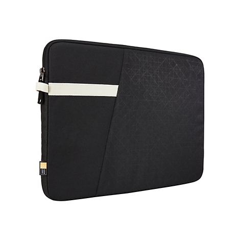 Schwarze Laptoptasche mit weiÃŸem Querstreifen. Auf der Tasche ist ein geometrisches Muster und ein ReiÃŸverschluss zu sehen.