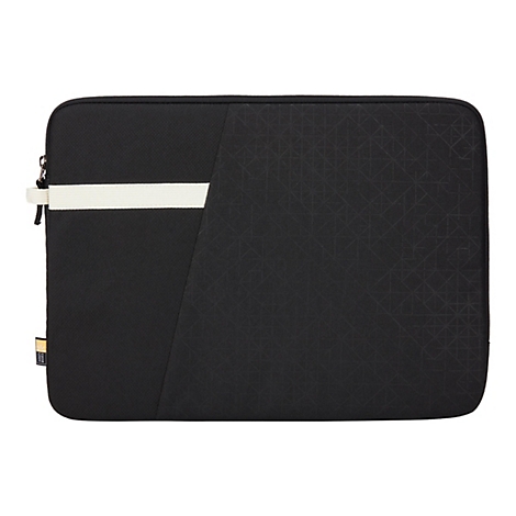 Schwarze Laptoptasche mit cremefarbenem Streifen und geometrischem Muster. ReiÃŸverschluss und kleines Logo.