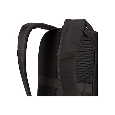 Nahaufnahme eines schwarzen Rucksacks. Gepolsterte Schultergurte und RÃ¼ckenpartie.
