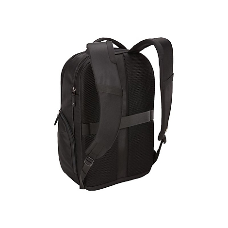 Schwarzer Rucksack, RÃ¼ckansicht. Gepolsterte TrÃ¤ger, Mesh-RÃ¼ckenteil. ReiÃŸverschlÃ¼sse und VerstÃ¤rkungen.