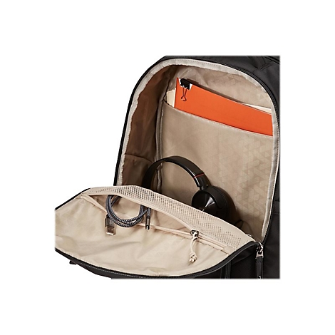 Schwarzer Rucksack, geÃ¶ffnet. Darin KopfhÃ¶rer, Kabel, orange Ordner. Innenfutter beige.
