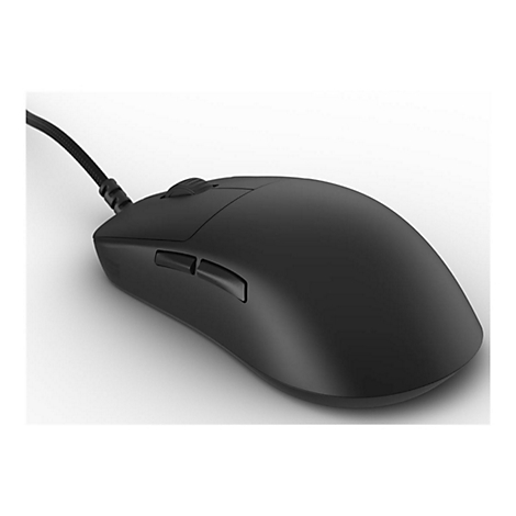 Schwarze, ergonomische Gaming-Maus mit Kabel vor weißem Hintergrund.