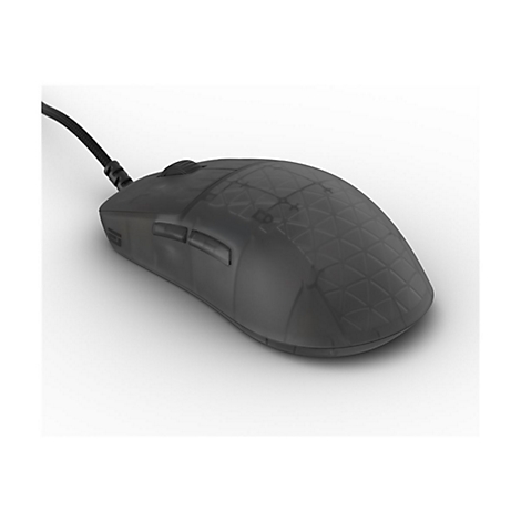 Schwarze, halbtransparente Gaming-Maus mit Gitterstruktur auf dem Gehäuse, vor weißem Hintergrund.