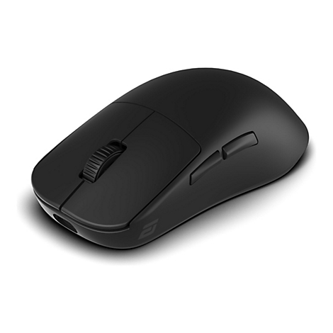 Schwarze, kabellose Gaming-Maus mit ergonomischem Design und Scrollrad auf weißem Hintergrund.
