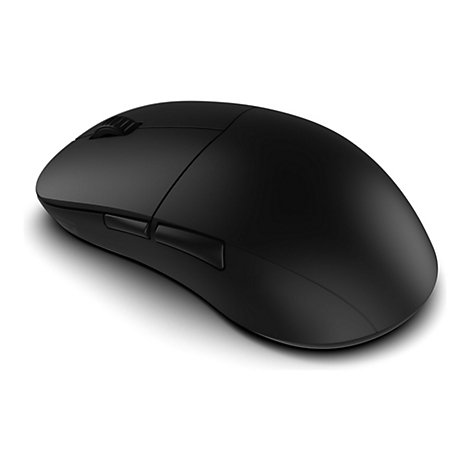 Schwarze kabellose Gaming-Maus mit Daumentasten vor neutralem weißem Hintergrund.