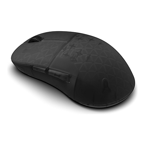 Schwarze, halbtransparente Gaming-Maus mit Gitterstruktur auf weißem Grund.