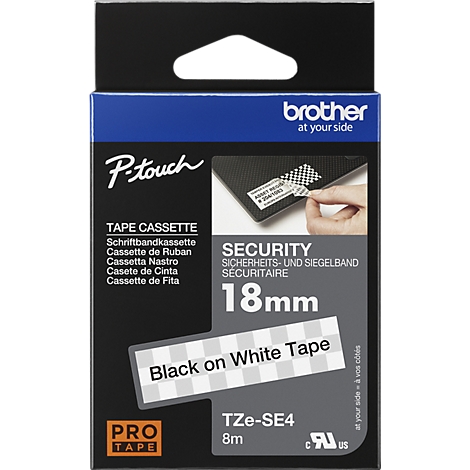 Un paquete de casete de etiquetas Brother. Diseño azul y blanco, ancho de 18 mm, fuente negra. Marcado con 'TZ-9' y 'Tester'.
