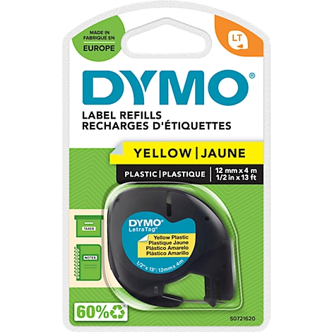 Recargas de etiquetas DYMO, plástico amarillo, embaladas. Texto: DYMO, Label Refills, Yellow, Plastique, Notes, 60%.