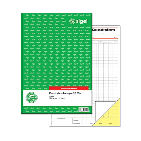A green Sigel book titled "Kassenabrechnungen" and an open sheet for accounting.
