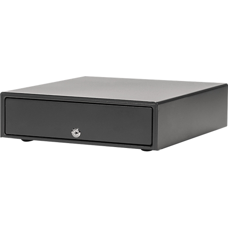 A black, rectangular cash drawer, front with a keyhole.