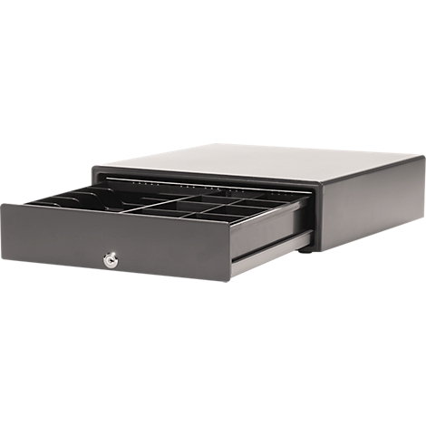 Black cash drawer, partially open. Inside with compartments for money and coins. A keyhole at the front.