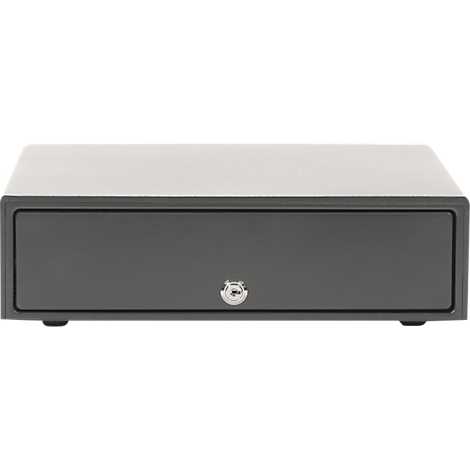 Dark gray cash drawer with a light colored lid. A silver keyhole is visible in the center of the drawer.